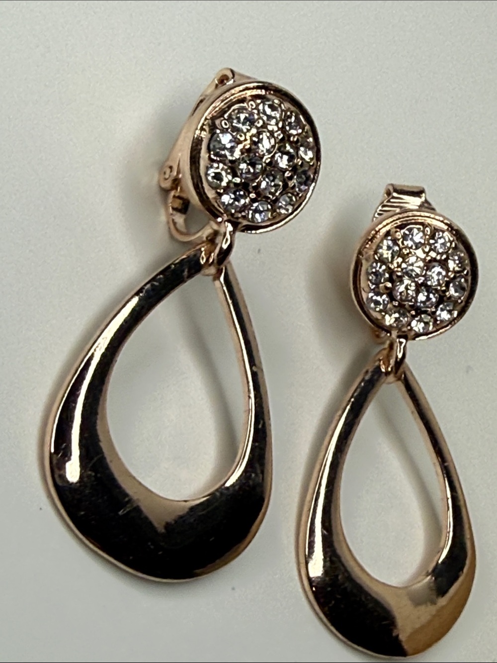 Rose Gold-Tone Teardrop Drop dainty modern clip Earrings pave rhinestones